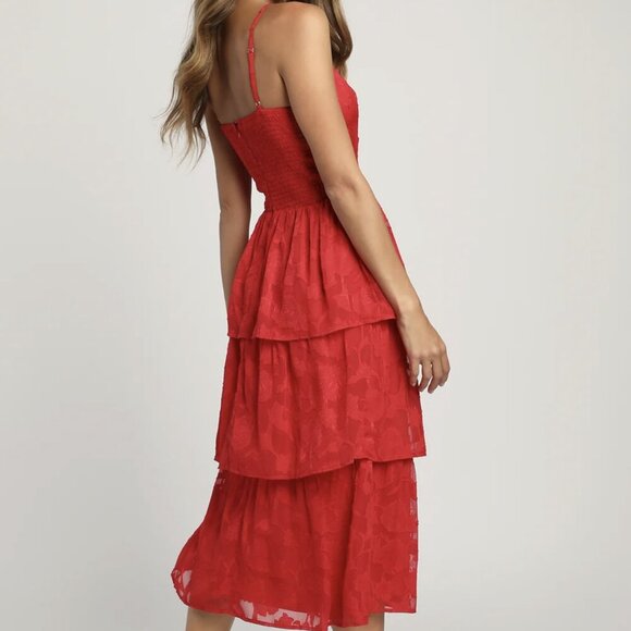 NWT Lulus Grace and Beauty Red Burnout Floral Print Tiered Dress - Picture 4 of 8
